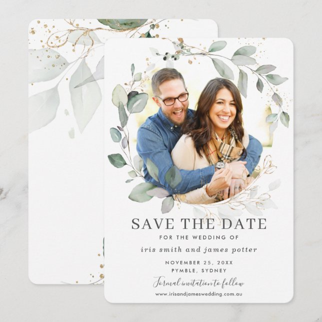 Chic Greenerity Blätter Gold Foto Save the Date Ca Einladung (Vorne/Hinten)