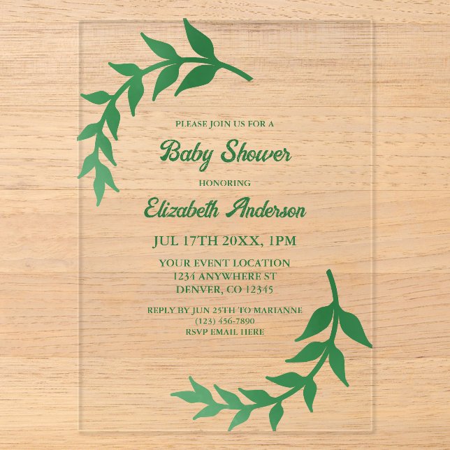 Chic Greenery Baby Shower Acryleinladungen (Vorderseite)