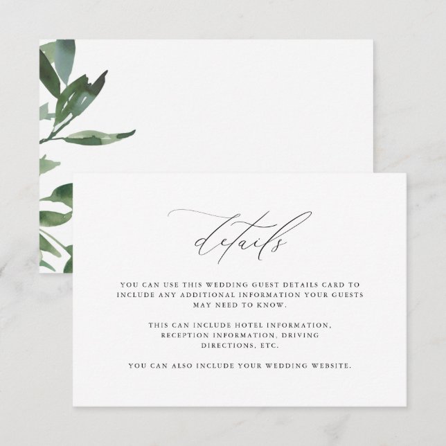 Chic Greenery Calligraphy Wedding Guest Detail Begleitkarte (Vorne/Hinten)