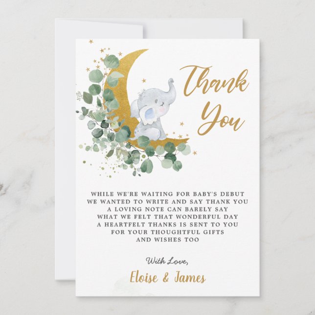 Chic Greenery Elephant Over the Moon Baby Shower Dankeskarte (Vorderseite)