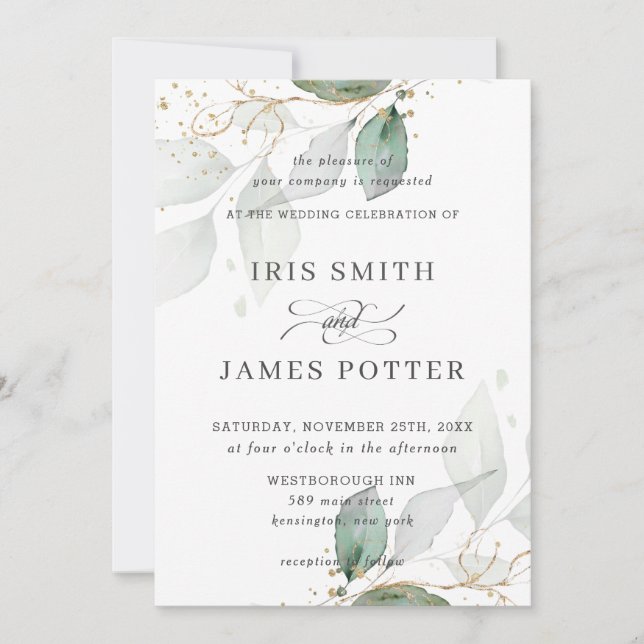 Chic Greenery Foliage Gold Calligrafy Wedding Einladung (Vorderseite)