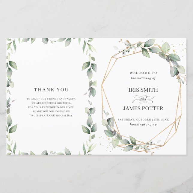 Chic Greenery Geometric Folded Wedding Programm (Vorderseite)