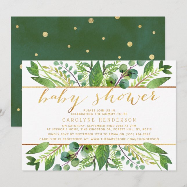 Chic Greenery & Gold Foil Neutral Baby Dusche Einladung (Vorne/Hinten)