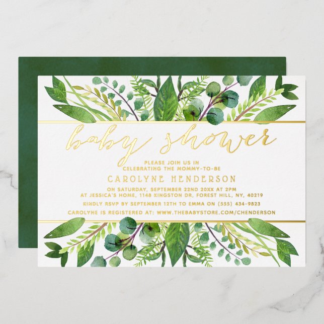 Chic Greenery & Gold Foil Neutral Baby Dusche Real Folieneinladung (Vorderseite/Rückseite)