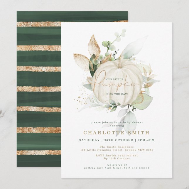 Chic Greenery Gold Pumpkin Herbst Babydusche Einladung (Vorne/Hinten)