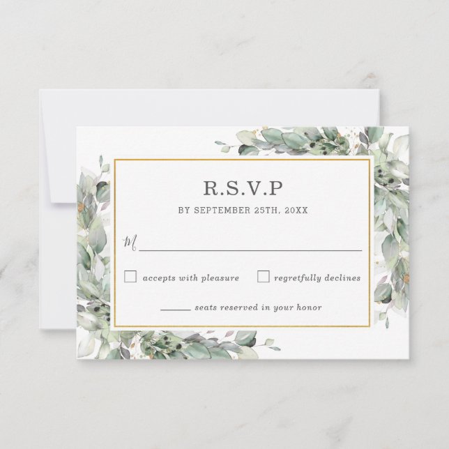Chic Greenery Gold Sage Green Foliage Hochzeit RSVP Karte (Vorderseite)
