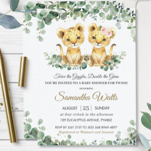 Chic Greenery Lion Cubs Twins Boy Girl Baby Shower Einladung