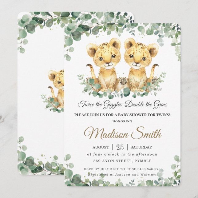 Chic Greenery Lion Cubs Twins Boys Baby Dusche Einladung (Vorne/Hinten)