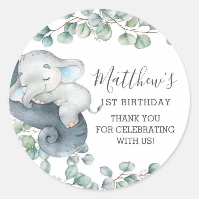 Chic Greenery Niedlich Elephant Junge Vielen Dank  Runder Aufkleber (Vorderseite)