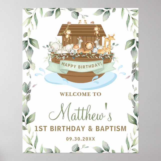 Chic Greenery Noah's Ark Birthday Baptism Willkomm Poster (Vorne)