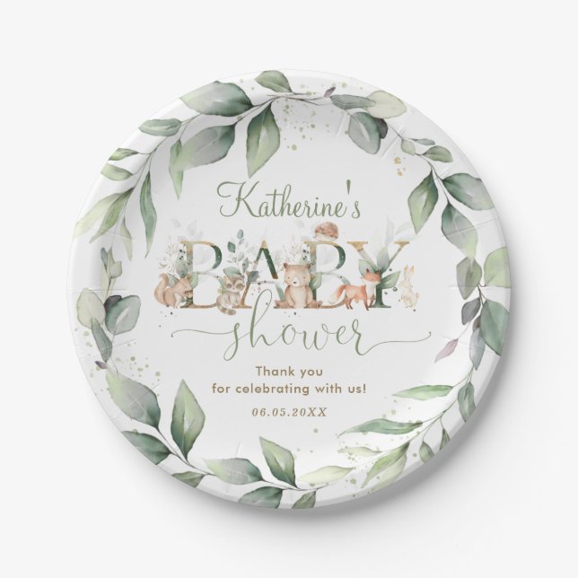 Chic Greenery Woodland Animals Baby Dusche neutral Pappteller (Vorderseite)