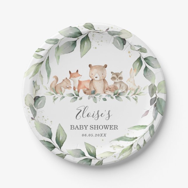 Chic Greenery Woodland Animals Baby Dusche neutral Pappteller (Vorderseite)