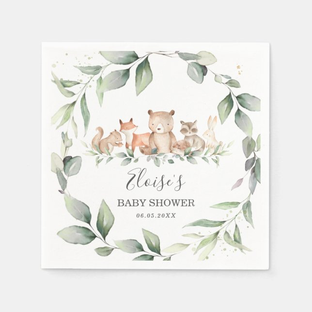 Chic Greenery Woodland Animals Baby Dusche neutral Serviette (Vorderseite)