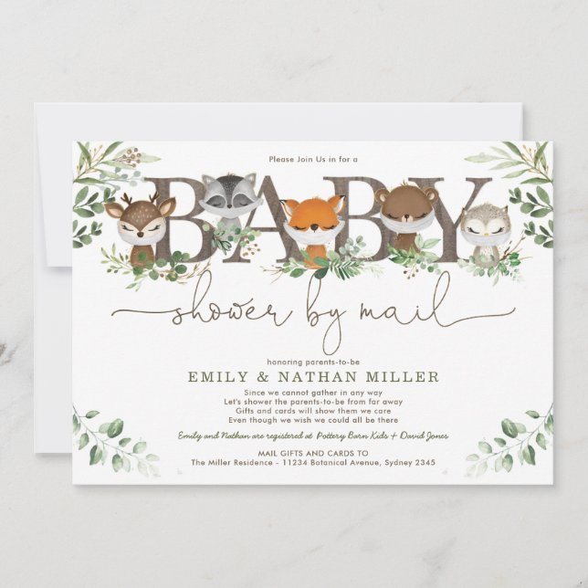 Chic Greenery Woodland Animals Baby-Dusche per Mai Einladung (Vorderseite)