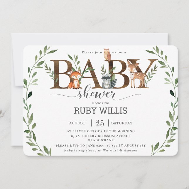 Chic Greenery Woodland Animals Baby Shower Boy Einladung (Vorderseite)