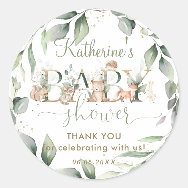 Chic Greenery Woodland Animals Baby Shower Gevor Runder Aufkleber (Vorderseite)