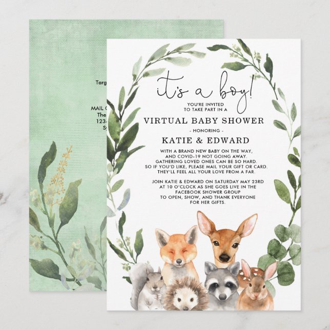 Chic Greenery Woodland Animals Virtual Baby Dusche Einladung (Vorne/Hinten)