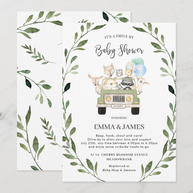 Chic Greenery Woodland Drive by Baby Shower Boy Einladung (Vorne/Hinten)