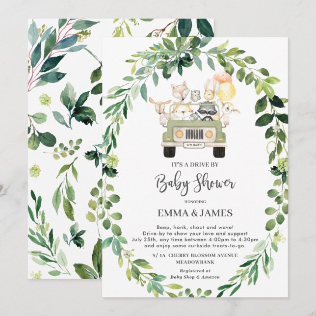 Chic Greenery Woodland Drive by Baby Shower Parade Einladung (Vorne/Hinten)