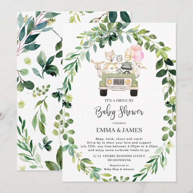 Chic Greenery Woodland Drive by Baby Showparade Einladung (Vorne/Hinten)