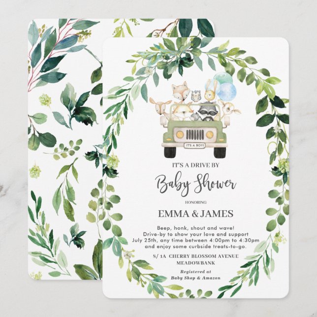 Chic Greenery Woodland Drive by Baby Showparade Einladung (Vorne/Hinten)