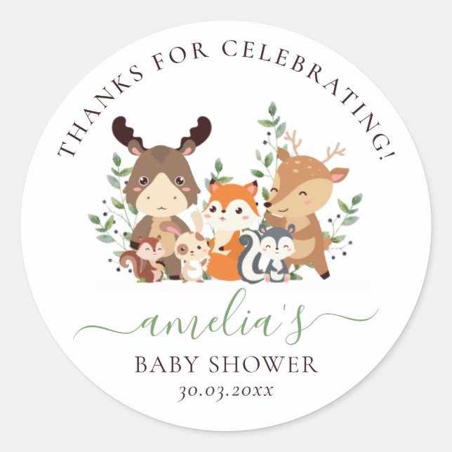 Chic Greenery Woodland Tiere Neutral Baby Dusche Runder Aufkleber (Vorderseite)