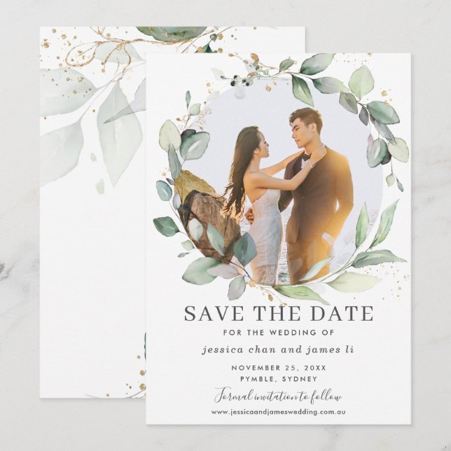 Chic Greenery Wreath Foto Save the Date Card Einladung (Vorne/Hinten)