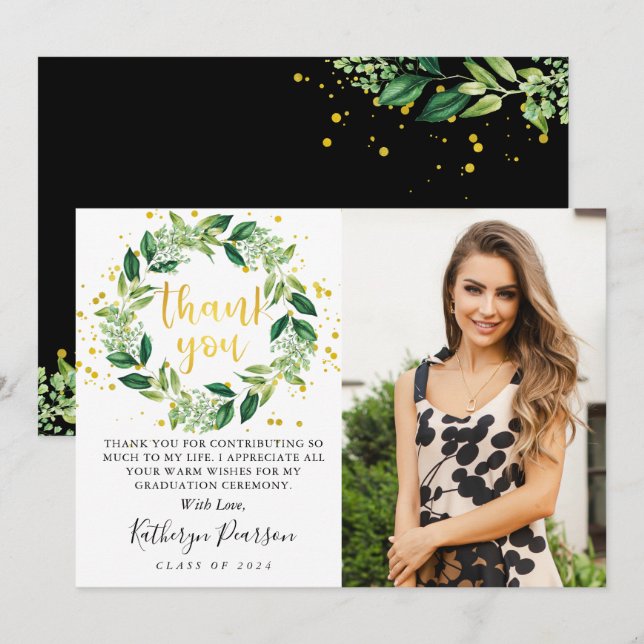 Chic Greenery Wreath Gold Glitzer Abschluss Foto Dankeskarte (Vorne/Hinten)