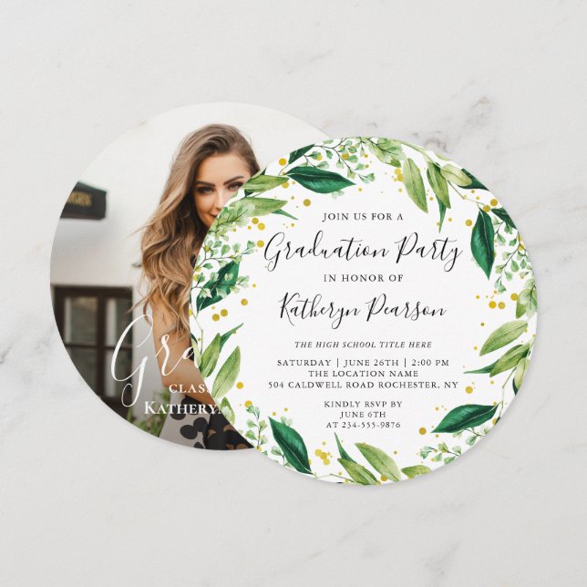 Chic Greenery Wreath Gold Glitzer Abschluss Foto Einladung (Vorne/Hinten)