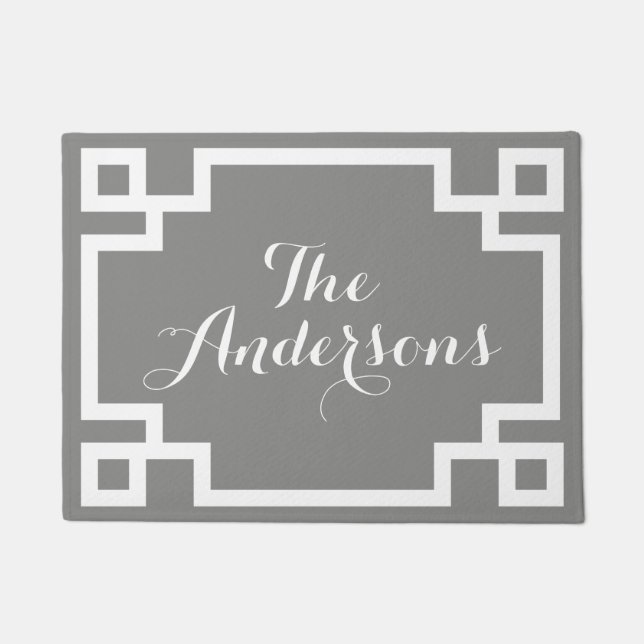 Chic Grey and White Greece Key Monogram Doormat Fußmatte (Vorderseite)