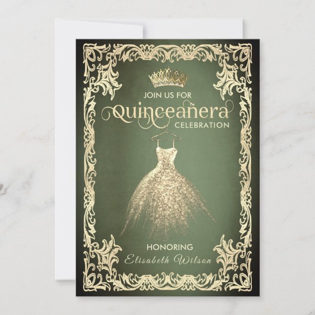 Chic grünen Luxus Gold Kleid tiara Quinceañera Einladung (Vorderseite)