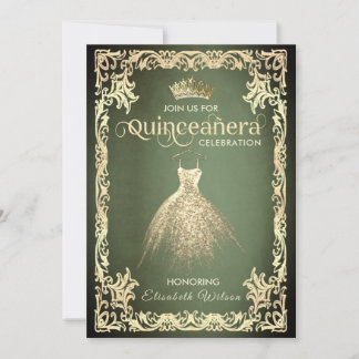 Chic grünen Luxus Gold Kleid tiara Quinceañera Einladung