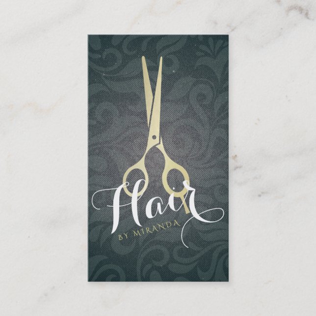 Chic Hair Stylist Black Gold Schere Linen Damask Terminkarte (Vorderseite)