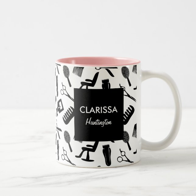 Chic Hair Stylist Pattern Individuelle Name Zweifarbige Tasse (Rechts)