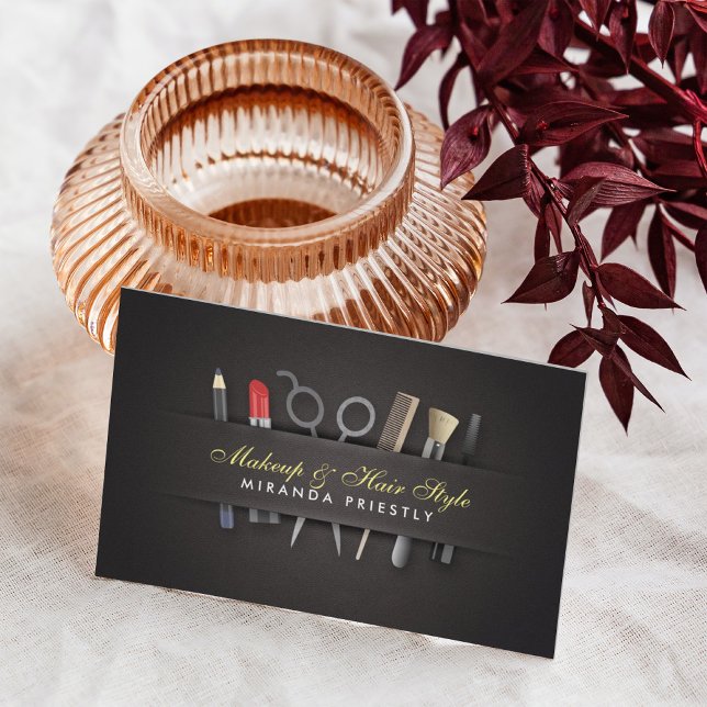 Chic Hair Stylistin und Makeup Artist Black Linen Visitenkarte (Von Creator hochgeladen)