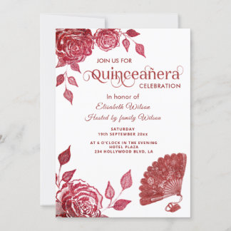 Chic Hand Fan romantische rote Rosen Quinceañera Einladung
