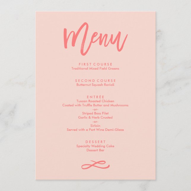 Chic Hand Letted Coral Wedding Menü Menükarte (Vorderseite)