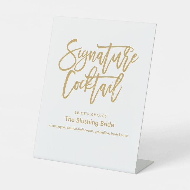 Chic Hand Letted Gold Signature Cocktail Menü Pe Sockelschild (Vorderseite)