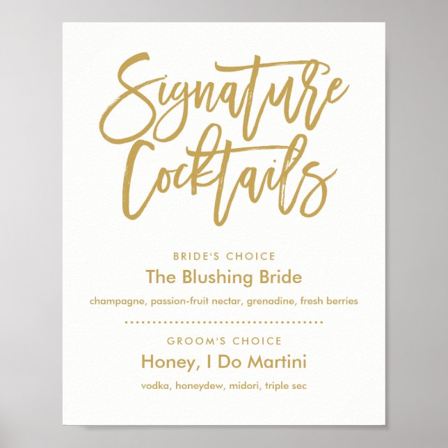 Chic Hand Letted Gold Signature Cocktails Menü Poster (Vorne)