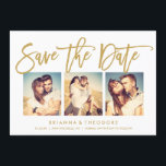 Chic Hand Letted Save the Date Foto Collage<br><div class="desc">Diese elegante und moderne 3-Foto-Save the Date-Karte besticht durch einen schönen goldfarbenen Schriftart mit Pinselschrift. Besuchen Sie den Shop,  um die Erholung der Sammlung aus der Chic Typografy Gold Suite zu sehen.</div>