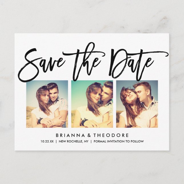 Chic Hand Letted Save the Date Foto Collage Ankündigungspostkarte (Vorderseite)