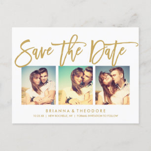Chic Hand Letted Save the Date Foto Collage Ankündigungspostkarte