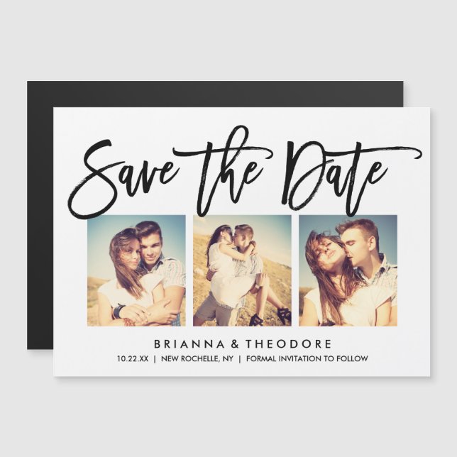 Chic Hand Letted Save the Date Foto Collage Magneteinladung (Vorne/Hinten)