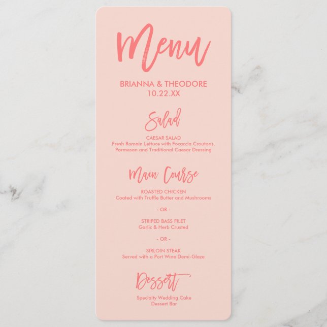 Chic Hand Letted Wedding Menu | Korallen Menükarte (Vorderseite)
