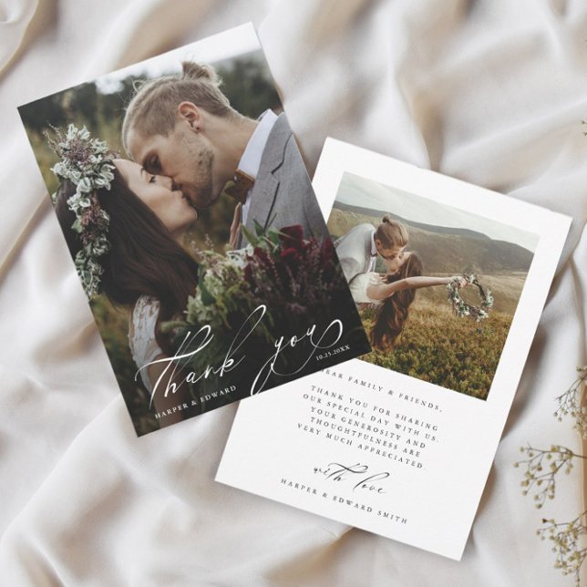 Chic Hand Letter 2 Foto Hochzeit Dankeskarte (Von Creator hochgeladen)