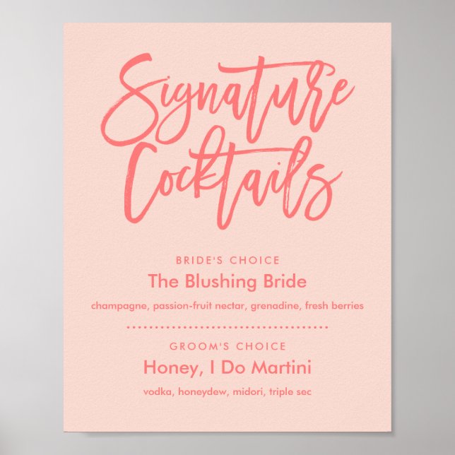 Chic Hand Letter Cocktails Menü für Korallensignat Poster (Vorne)