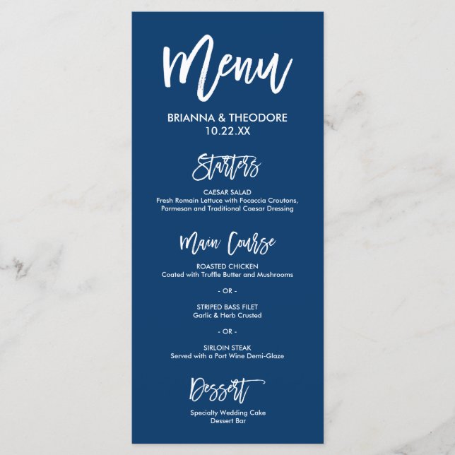 Chic Hand Letter Wedding Menu Navy Blue Menükarte (Vorderseite)
