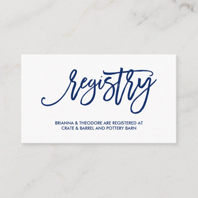 Chic Hand Letter Wedding Registry Card Navy Begleitkarte (Vorderseite)