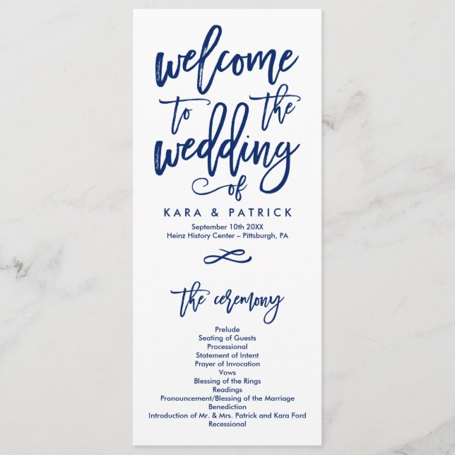 Chic Hand Letter Wedding Zeremony Program Navy Programm (Vorderseite)