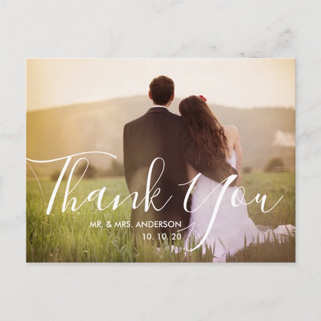 Chic Hand Lettered Foto Wedding Danke Postkarte (Vorderseite)